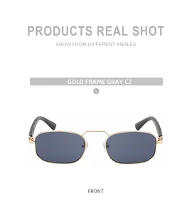 Front view of square metal sunglasses with gold frame and gray lenses in high detail