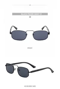 Front and 45-degree angle view of square metal sunglasses with black frame and gray lenses