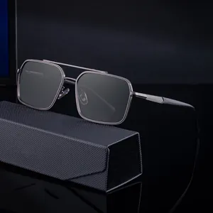Fashionable square metal pilot sunglasses in gunmetal grey with foldable leather case
