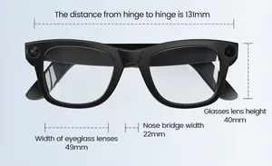 Esquema técnico de gafas inteligentes con dimensiones detalladas de lentes y puente
