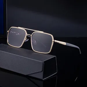 Classic square gold metal sunglasses with double bridge and black textured case