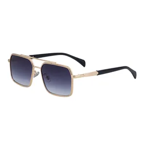 Fashion square metal sunglasses for men featuring a double bridge and dark grey gradient lenses
