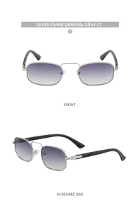 Macro detail of silver metal square sunglasses with gradual gray lenses and temple hinges