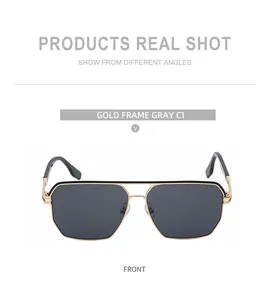 Frontansicht der goldenen Metallsonnenbrille mit grauen Gläsern und schwarzen Bügelenden