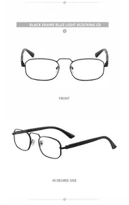 Macro detail of black metal square frame glasses with blue light blocking lenses