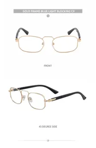 Detailed front and side view of gold square metal frame blue light blocking glasses