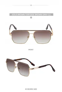 Details von quadratischer Gold-Metall-Sonnenbrille mit Doppelsteg und braun grauen Gläsern