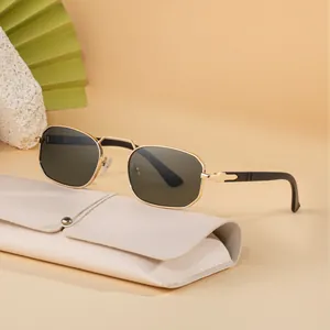 2025 trendy square metal frame sunglasses for men with premium cream leather pouch case