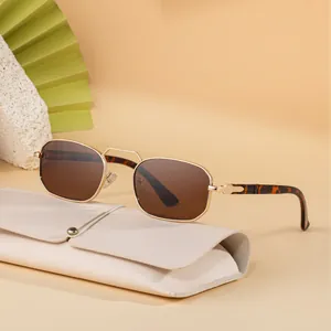 Retro square metal sunglasses for men with tortoise temples and cream leather case