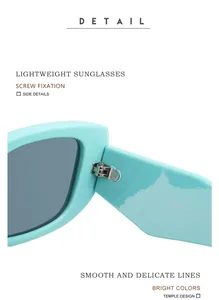 Détail de lunettes de soleil bleu clair montrant la fixation des vis et les lignes du cadre