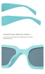 Vue détaillée des lunettes de soleil carrées vert menthe avec branches et plaquettes