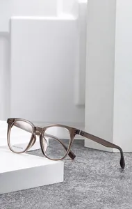Détail des branches de lunettes transparentes couleur thé avec texte et paramètres de taille