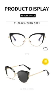 Primer plano de montura cat-eye negro y oro con lentes fotocromáticas de calidad