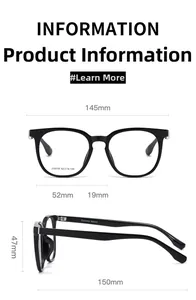 Tableau des tailles détaillé des montures de lunettes carrées noires avec mesures