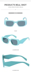 Trois vues de lunettes de soleil rectangulaires vintage avec monture bleu clair et verres gris