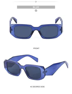 Vues détaillées de lunettes de soleil carrées bleues translucides à monture épaisse