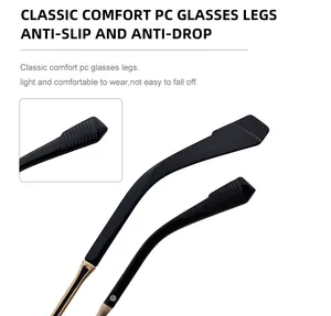 Vue détaillée de la branche de lunettes noire mate antidérapante avec connecteur en métal doré