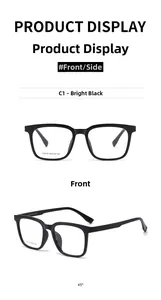 Vue détaillée des lunettes noires carrées J10019 avec caractéristiques techniques