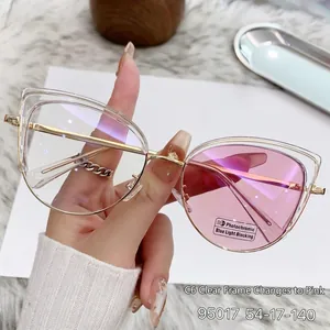 Gafas cat eye de montura transparente con lentes fotocromáticas rosas anti luz azul