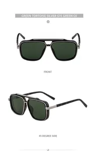 Détail de lunettes aviateur carrées avec monture en argent et branches en écaille verte