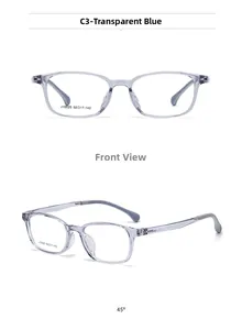 Dettaglio montatura occhiali quadrata blu trasparente con specifiche del modello J10025