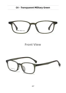 Vista frontale e a 45 gradi della montura ottica quadrata vintage verde militare trasparente