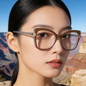 Detail of stylish cat-eye glasses with brown frames on a woman against a canyon backdrop