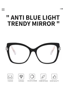 Close-up of black cat-eye glasses frame with diamond metal accents and anti-blue light lens