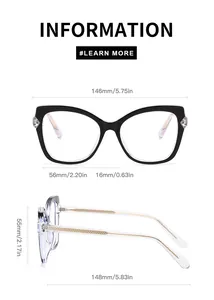 Detailed dimensions of cat-eye eyewear showing gold metal temple core and frame specs