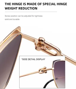 Détail de lunettes œil de chat en or rose avec charnière ajourée et verres dégradés violets