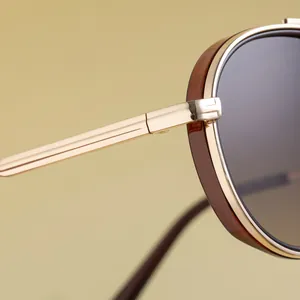 Détail macro de la charnière en métal doré et branche en écaille de lunettes punk