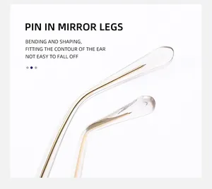 Detail of ergonomic cat-eye glasses temples with golden metal core in clear resin
