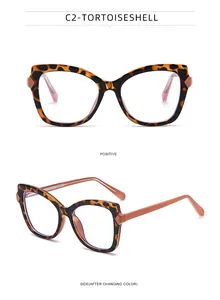 Detail of tortoiseshell cat-eye optical frame with photochromic color-changing lenses