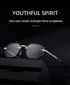 Detail view of gold metal rectangle sunglasses with black lenses on a premium case