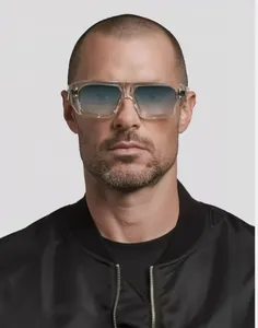 Front view of trendy square sunglasses with transparent frames and blue gradient lenses
