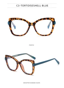 Detail view of tortoiseshell cat-eye glasses frame with teal blue temples and color-changing feature