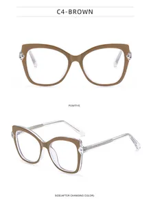 Detailed front and side views of stylish brown cat-eye optical frames for women