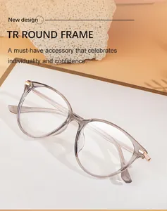 Close-up of lightweight transparent gray TR90 round frame with gold metal hinges
