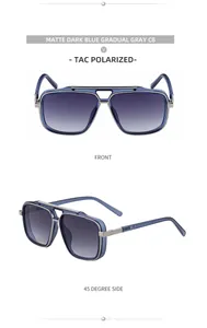 Vues de face et à 45 degrés de lunettes de soleil carrées polarisées bleu mat et verres dégradés