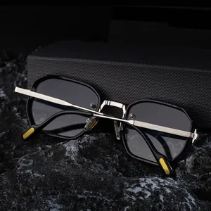 Detailed view of silver metal temples with horizontal texture and yellow non-slip pads