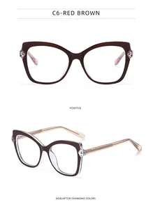Detail view of cat eye glasses in red brown with champagne gold textured temples