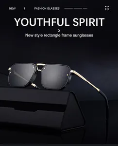 Detail view of rectangular sunglasses with gold-tone accents and leather case