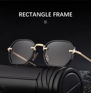 Detailed macro view of retro rectangle frame sunglasses with golden metal hinges