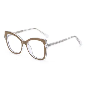 Modern cat-eye glasses frames with matte brown finish and transparent temple details