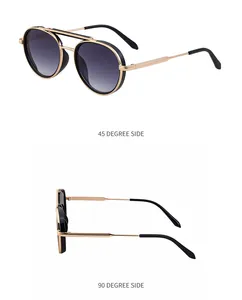 Détails de lunettes de soleil ovales rétro avec double pont doré et cercles noirs