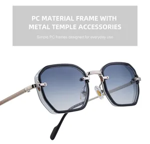 Close-up of square sunglasses featuring silver metal temples with fine stripe textures