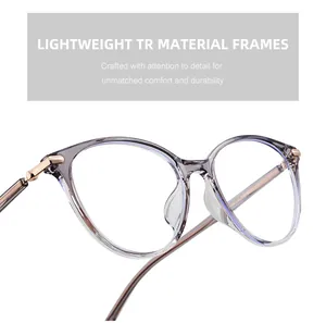 Macro detail of translucent gray TR90 cat-eye frame with elegant gold metal hinge
