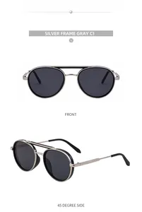 Vue de face et de côté de lunettes de soleil argentées avec verres gris et double pont