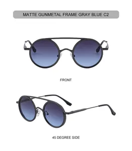 Vue de face et latérale de lunettes de soleil ovales en métal mat avec verres gris-bleu