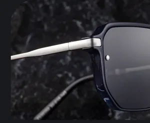 Macro shot of blue polarized sunglasses showing silver metal hinges and polarized marking